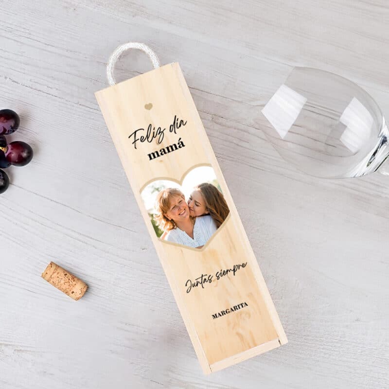 Caja de Vino Corazón con Foto y Texto personalizada