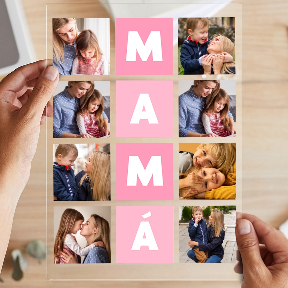 Placa Cubos Rosas Mamá con Ocho Fotos personalizada