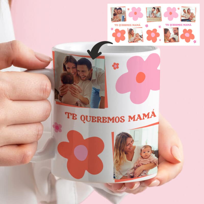 Taza Flores con Fotos y Texto personalizada