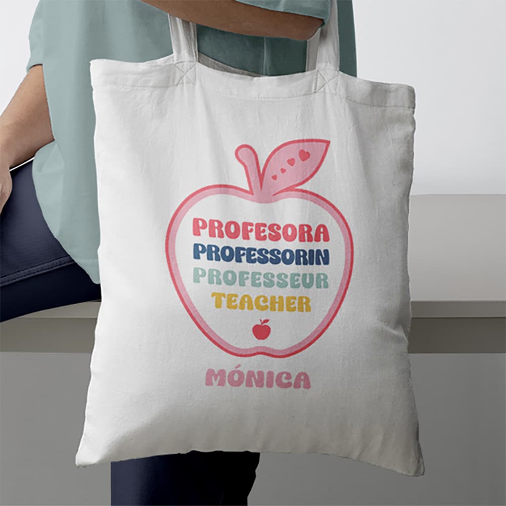 Tote Bag Idiomas en Manzana con Nombre personalizada