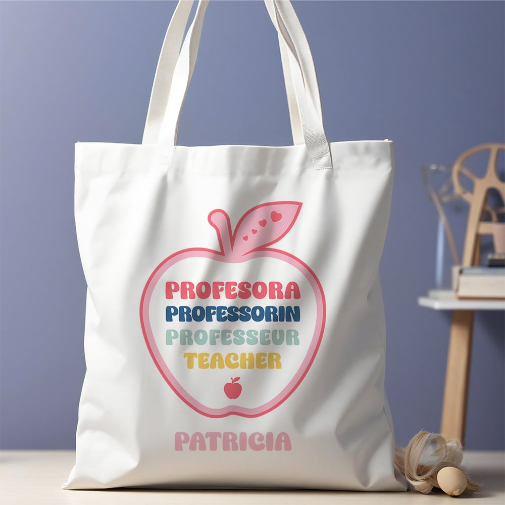 Tote Bag Idiomas en Manzana con Nombre personalizada