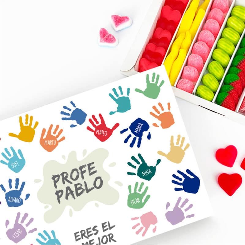 Caja de Dulces Manos Colores con Nombres y Texto personalizada