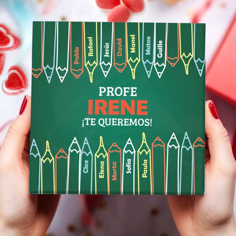 Caja de Dulces Pequeña Lápices Colores con Nombres y Texto personalizada