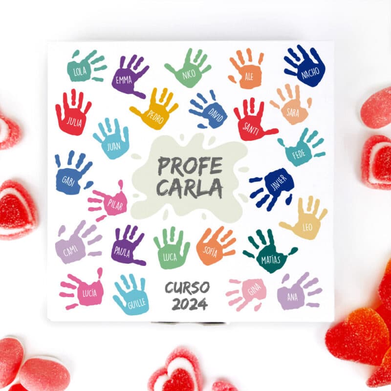 Caja de Dulces Pequeña Manos de Colores con Nombres y Texto personalizada