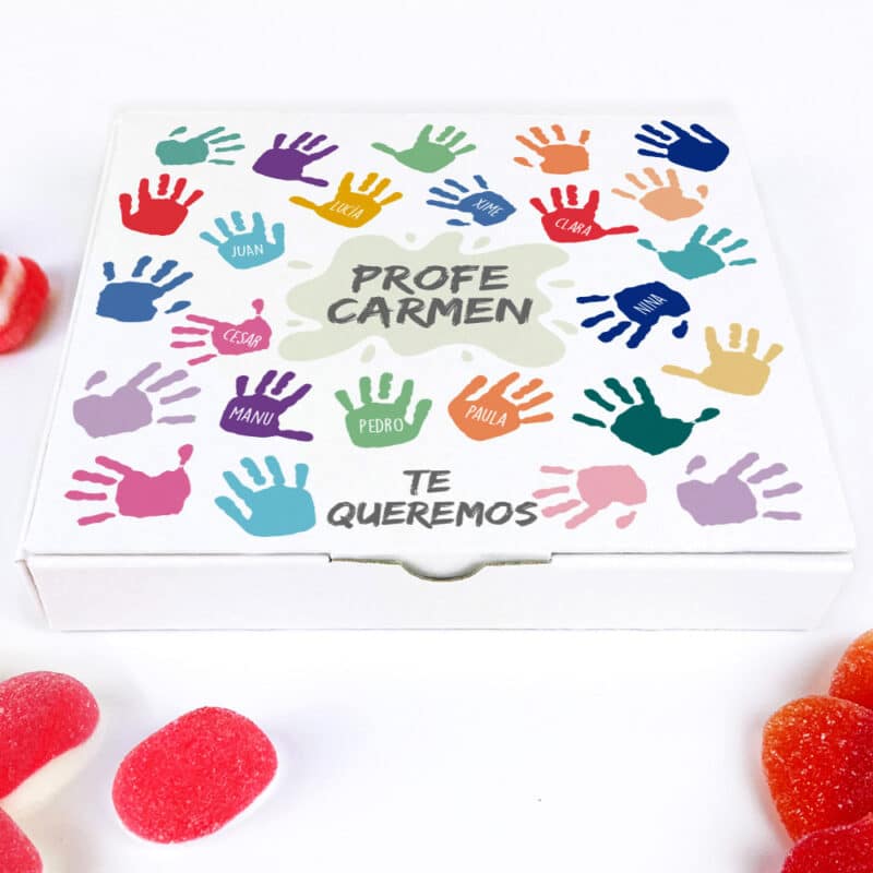 Caja de Dulces Pequeña Manos de Colores con Nombres y Texto personalizada