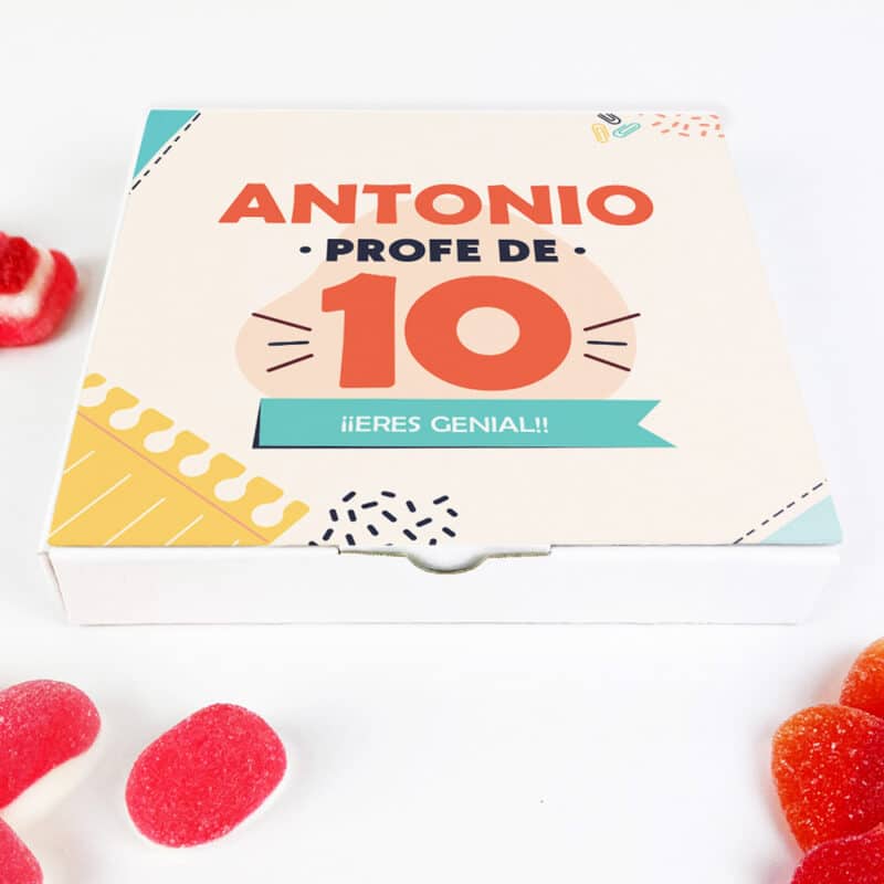 Caja de Dulces Pequeña Profe de 10 con Nombre y Texto personalizada