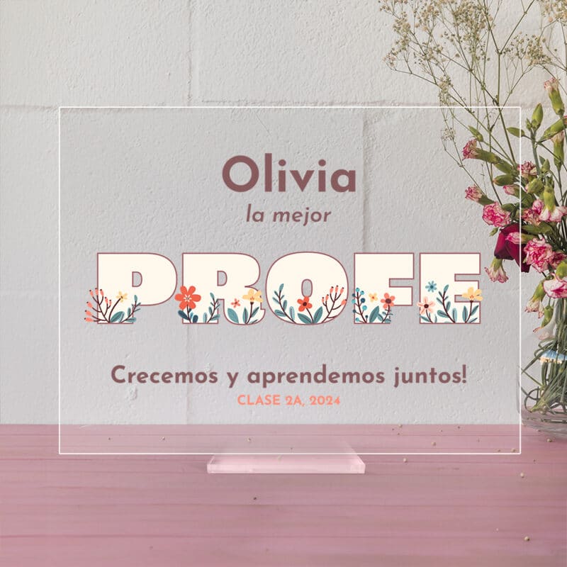 Placa Profe y Flores con Texto personalizada