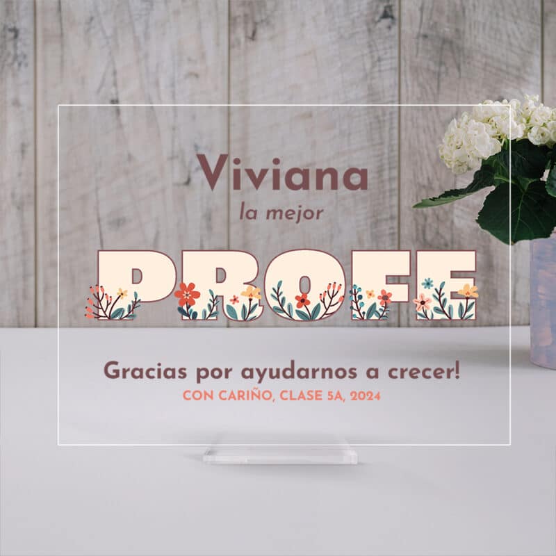 Placa Profe y Flores con Texto personalizada