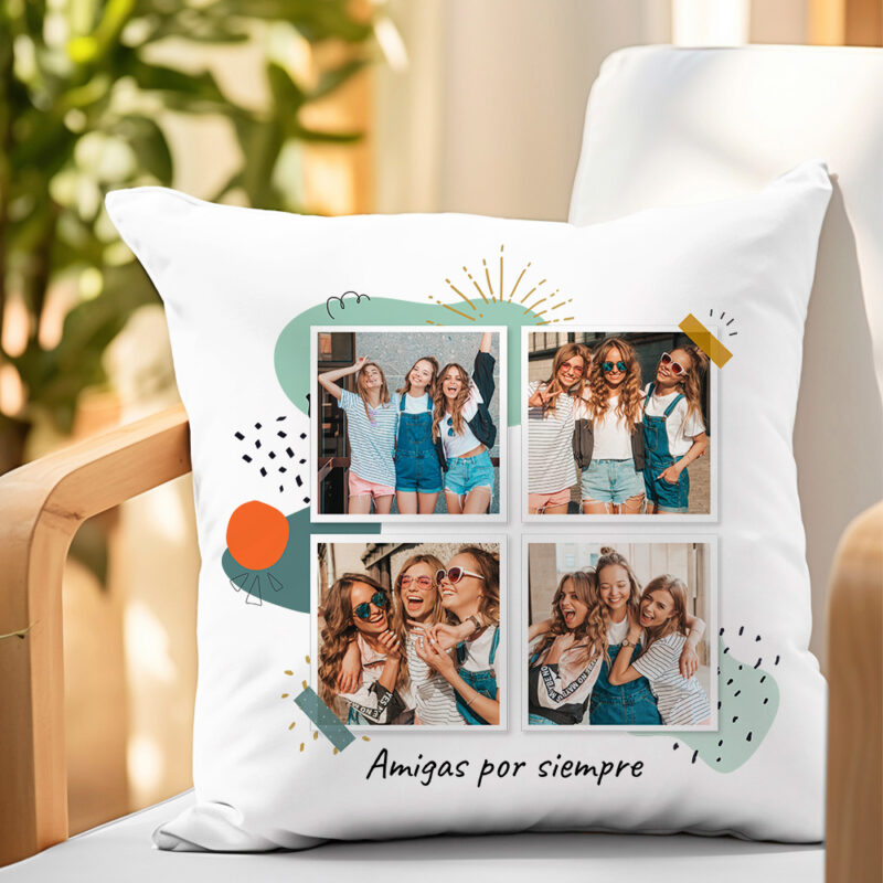 Cojín Polaroid con Cuatro Fotos y Texto personalizado