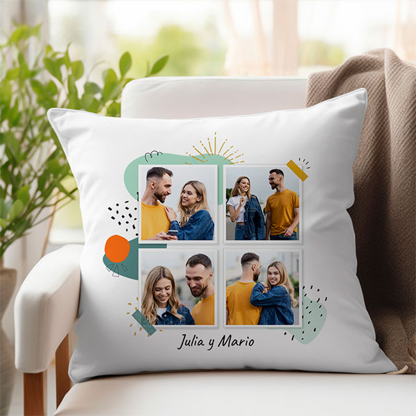 Cojín Polaroid con Cuatro Fotos y Texto personalizado