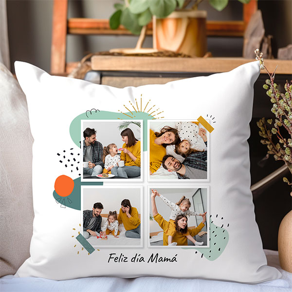 Cojín Polaroid con Cuatro Fotos y Texto personalizado