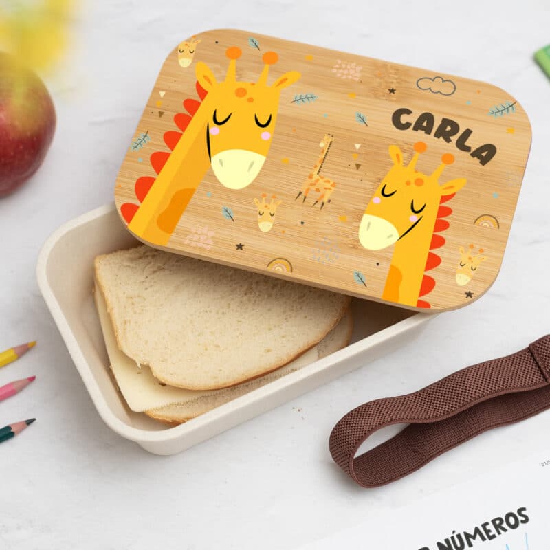 Fiambrera con Tapa de Madera Infantil Animales de Colores personalizada