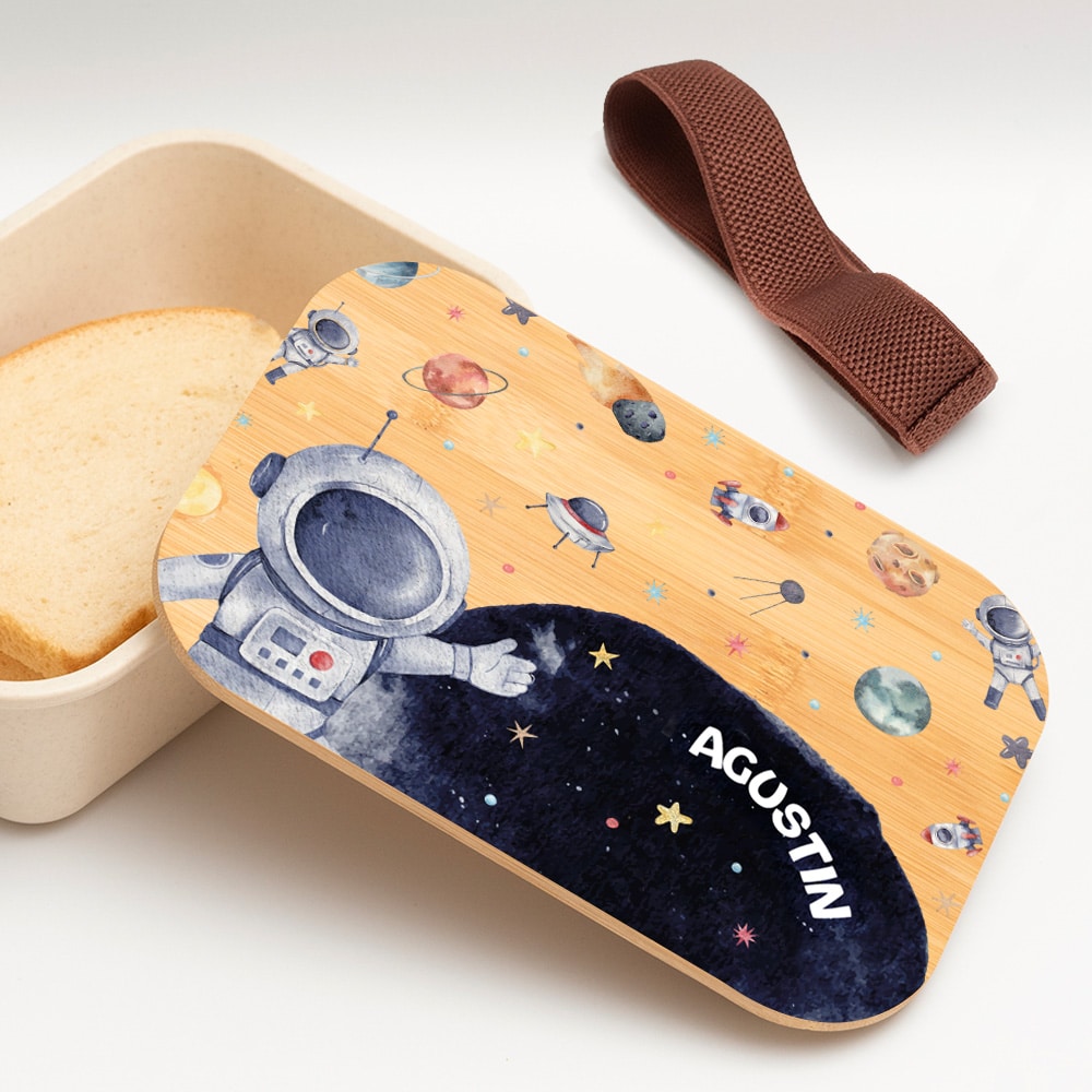 Fiambrera con Tapa de Madera Infantil Astronauta en el Espacio personalizada