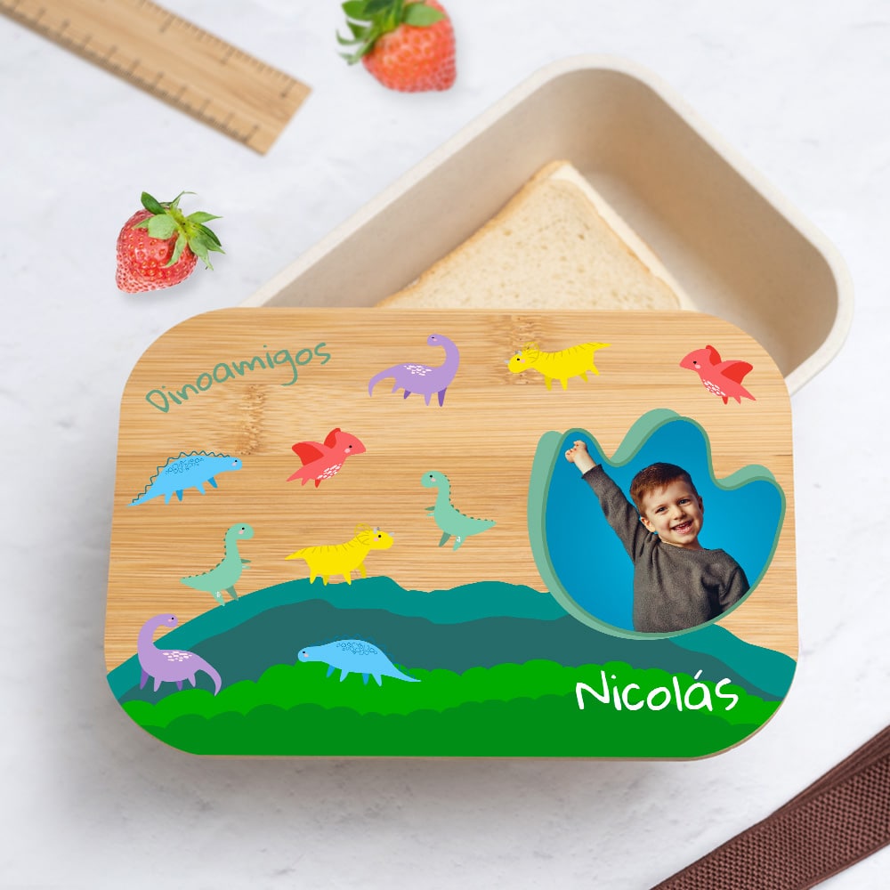 Fiambrera con Tapa de Madera Infantil Dinosaurios personalizada