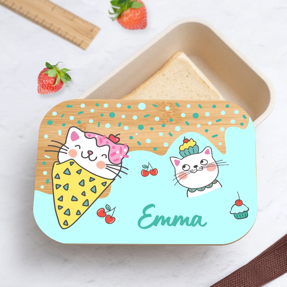 Fiambrera con Tapa de Madera Infantil Gatitos personalizada