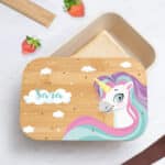 Miniatura de Fiambrera con Tapa de Madera Infantil Unicornios Coloridos personalizada