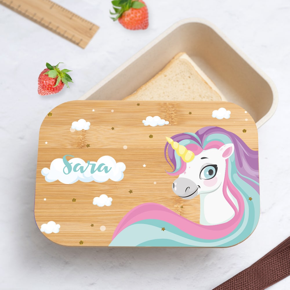 Fiambrera con Tapa de Madera Infantil Unicornios Coloridos personalizada