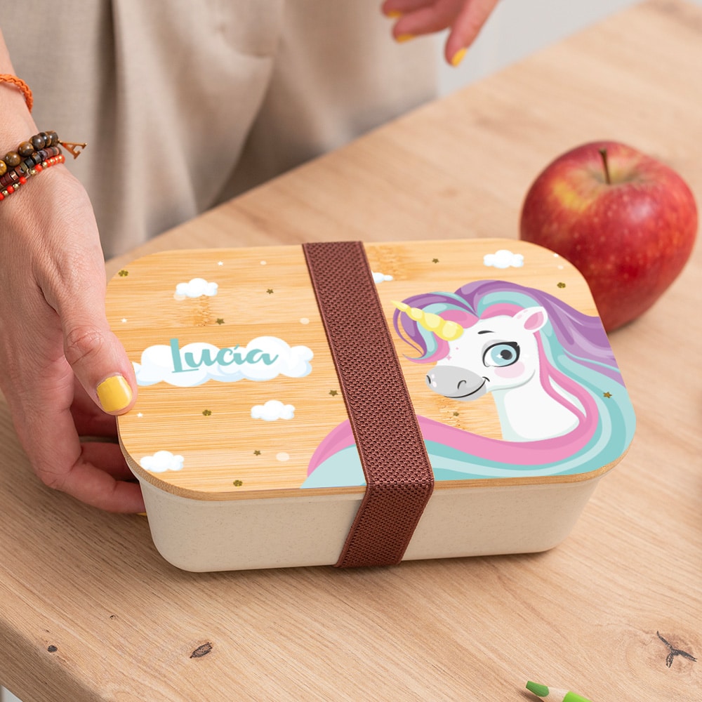 Fiambrera con Tapa de Madera Infantil Unicornios Coloridos personalizada