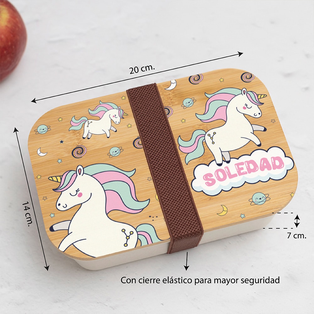 Fiambrera con Tapa de Madera Infantil Unicornios Coloridos personalizada