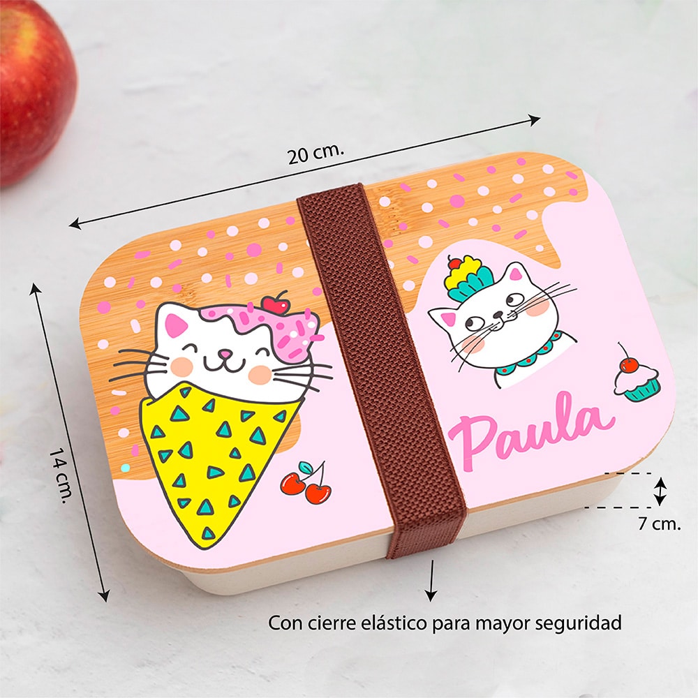 Fiambrera con Tapa de Madera Infantil Gatitos personalizada