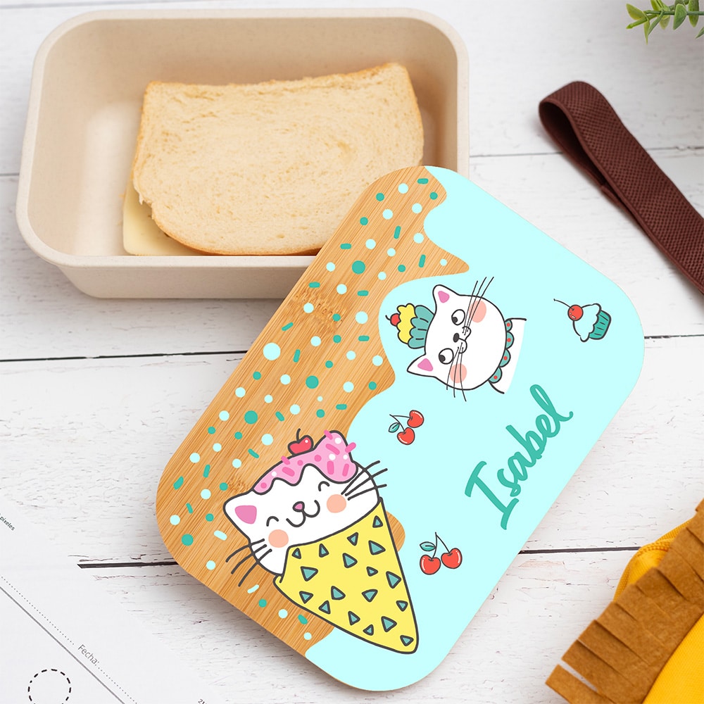 Fiambrera con Tapa de Madera Infantil Gatitos personalizada