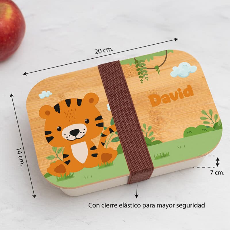 Fiambrera con Tapa de Madera Infantil Animales Selva personalizada