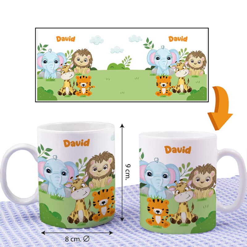 Taza Infantil Irrompible Animales Jungla con Nombre personalizada