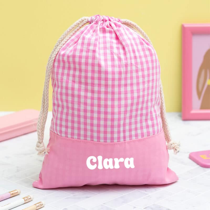 Bolsita para Merienda Infantil Cuadros Rosas personalizada