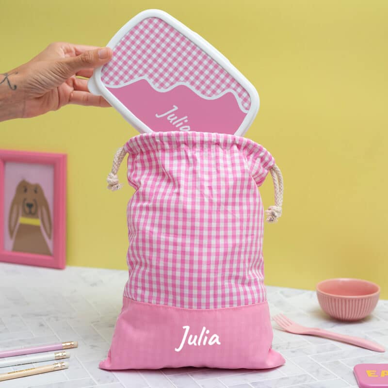 Bolsita para Merienda Infantil Cuadros Rosas personalizada