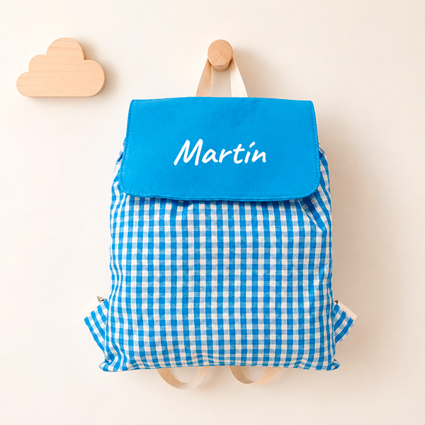Mochila Saco Infantil Cuadros Azules personalizada