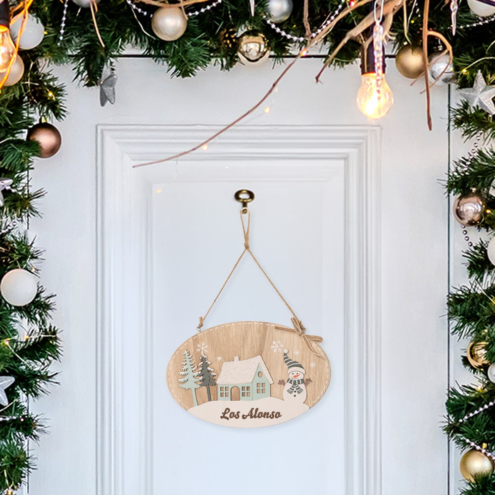 Adorno de Madera para Puerta Muñeco de Nieve con Texto personalizado