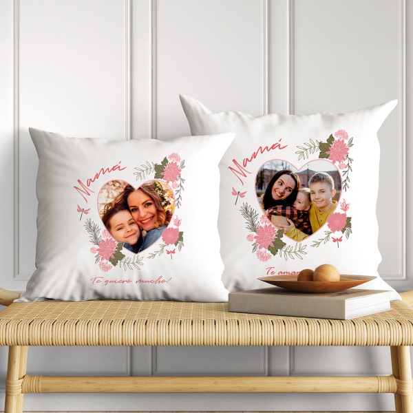 Cojín Corazón Floral con Foto y Texto personalizado