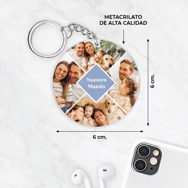 Llavero Circular con Cuatro Fotos y Texto personalizado