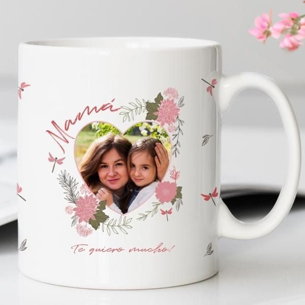 Taza Corazón Floral con Foto y Texto personalizada