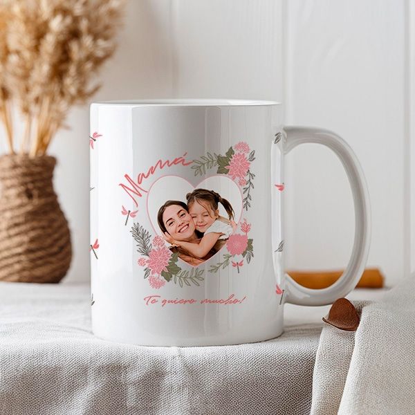 Taza Corazón Floral con Foto y Texto personalizada