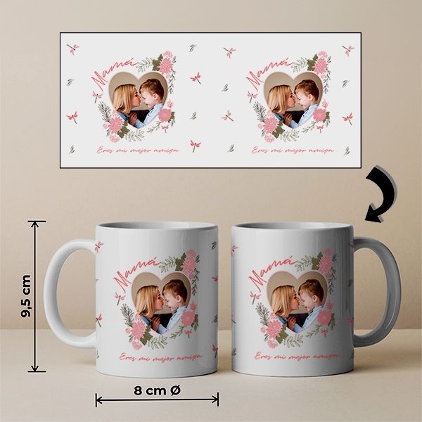 Taza Corazón Floral con Foto y Texto personalizada