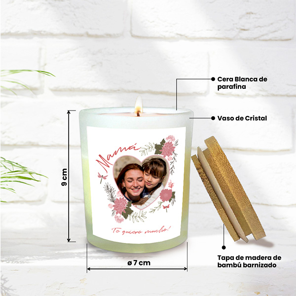 Vela Corazón Floral con Foto y Texto personalizada