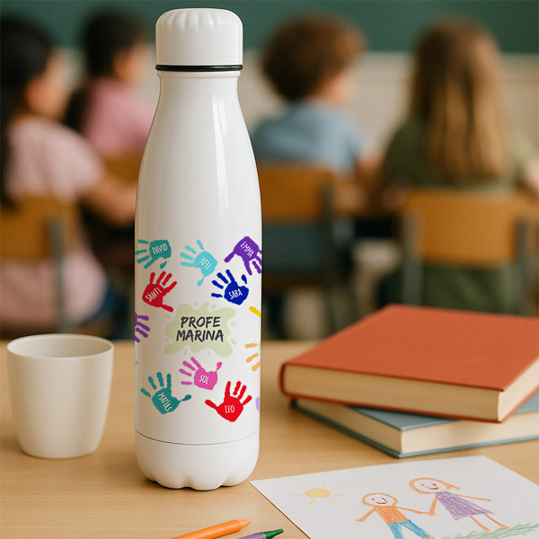 Botella Manos de Colores con Nombres y Texto personalizado