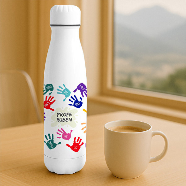 Botella Manos de Colores con Nombres y Texto personalizado