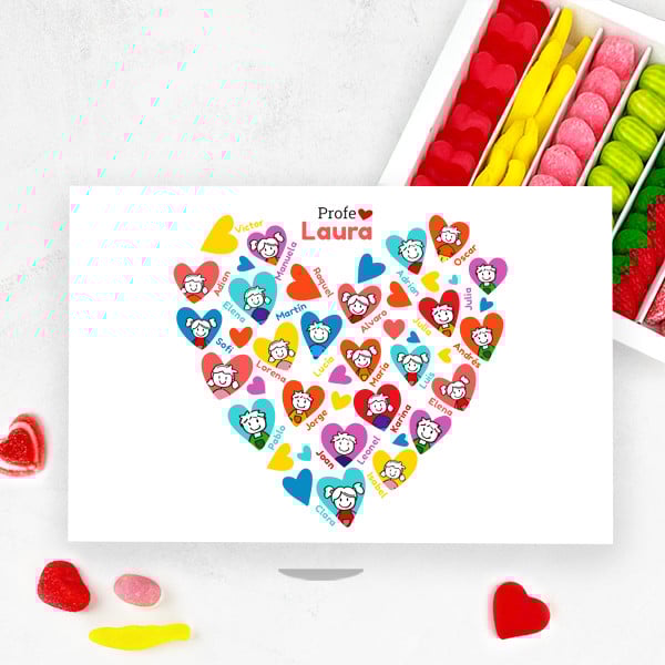 Caja de Dulces Corazones con Muñecos con Nombres y Texto personalizado