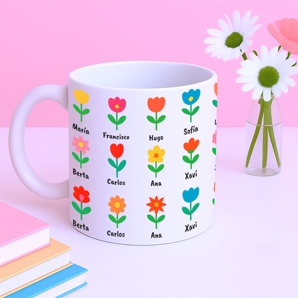 Taza Flores con Nombres personalizado