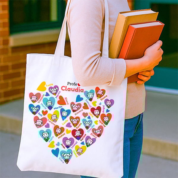 Tote Bag Corazones con Muñecos con Nombres personalizado
