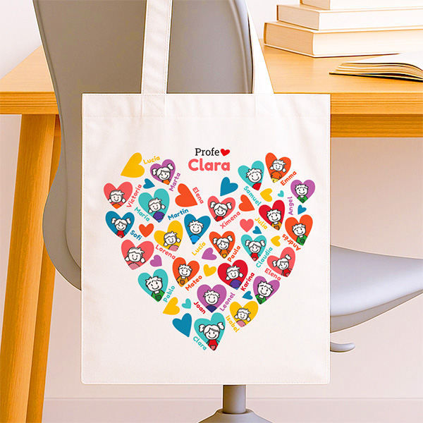 Tote Bag Corazones con Muñecos con Nombres personalizado