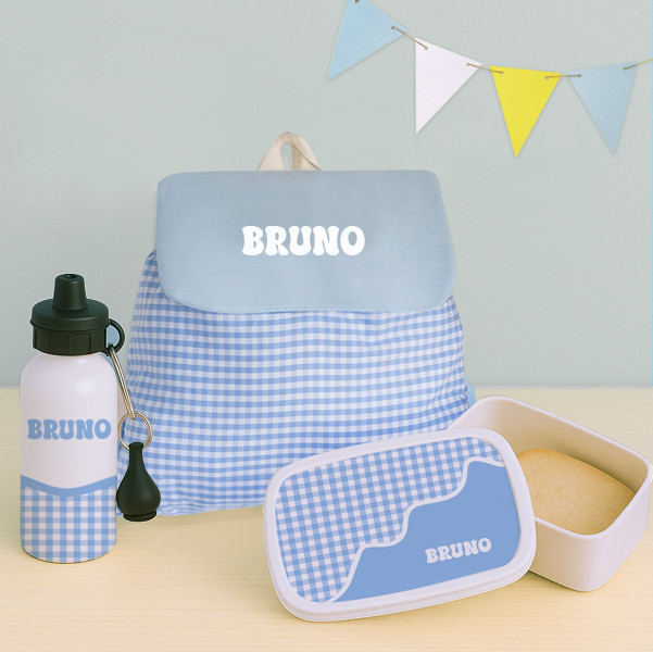 Pack Escolar Infantil Cuadros Azules personalizado