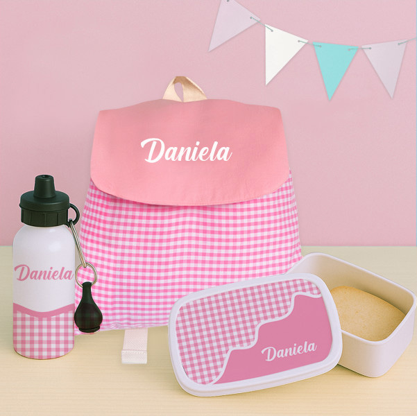 Pack Escolar Infantil Cuadros Rosas personalizado