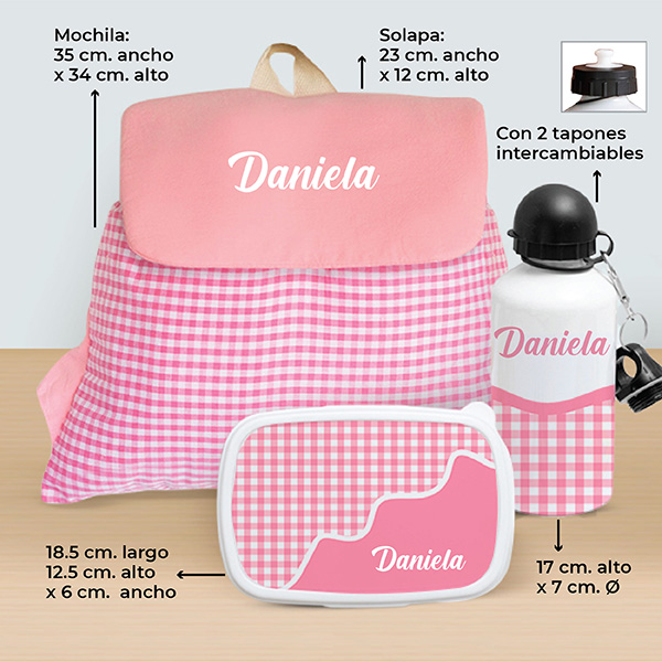 Pack Escolar Infantil Cuadros Rosas personalizado