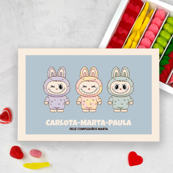 Caja de Dulces con Muñecos Labubu con Nombres y Texto personalizado