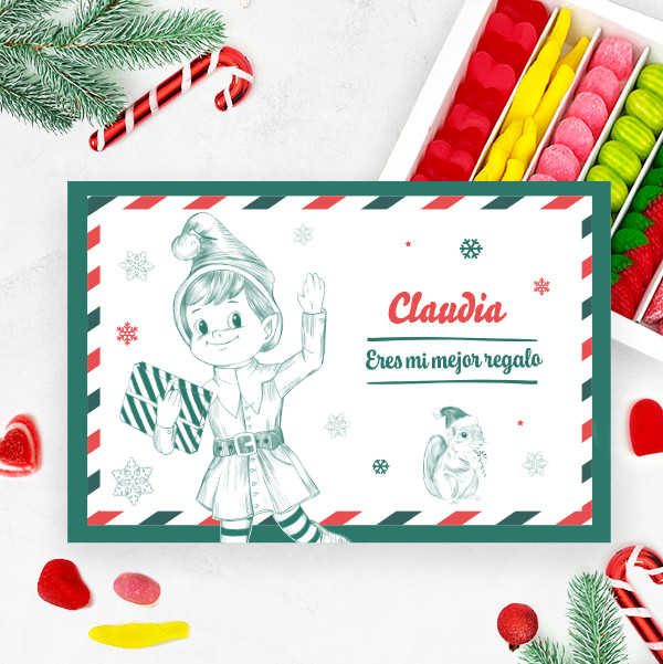 Caja de Dulces Muñeco Elfo con Nombre y Texto personalizado