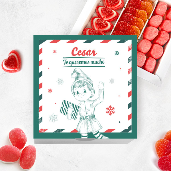 Caja de Dulces Muñeco Elfo con Nombre y Texto personalizado