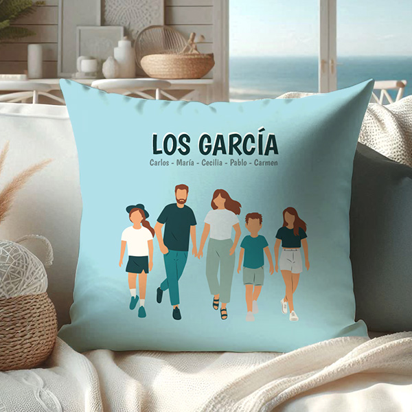 Cojín Familia de Frente con Nombres y Texto personalizado